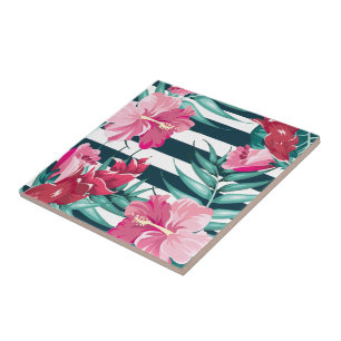 Exotisk Rosa Blommor strimlade Kakelplatta