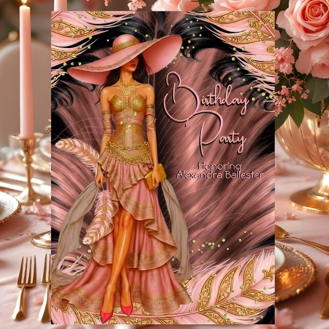 Exotisk Rosa Dress Guld Black Feather Birthag Inbjudningar (Skapare uppladdad)