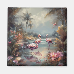 Exotisk Rosa Flamingo Antik Tropisk Lagun Magnet