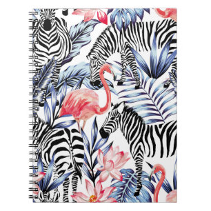 Exotisk rosa flamingo, zebra på bakgrundssommartid anteckningsbok