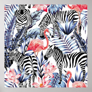 Exotisk rosa flamingo, zebra på bakgrundssommartid poster