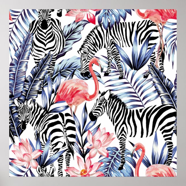 Exotisk rosa flamingo, zebra på bakgrundssommartid poster (Framsidan)
