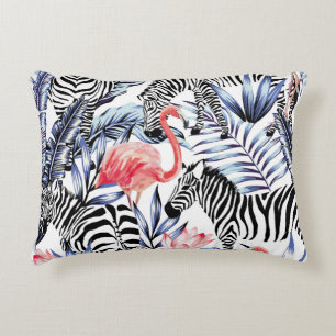 Exotisk rosa flamingo, zebra på bakgrundssommartid prydnadskudde