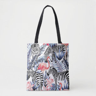 Exotisk rosa flamingo, zebra på bakgrundssommartid tygkasse