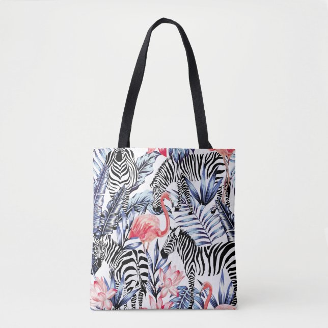 Exotisk rosa flamingo, zebra på bakgrundssommartid tygkasse (Framsida)