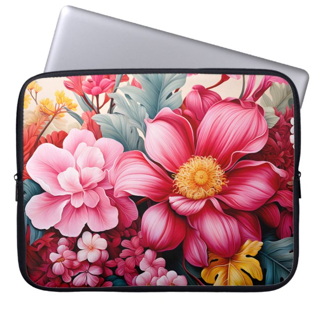 Exotisk rosa tropisk blomsterträdgård laptop fodral (Framsidan)