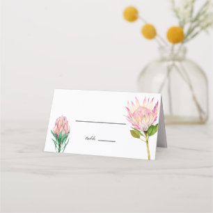 Exotisk rosablommig protea bröllopsblomma placeringskort