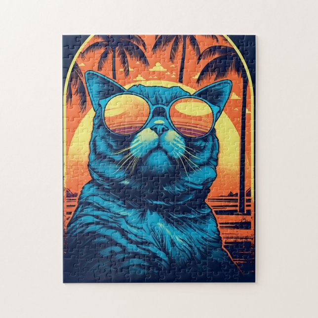 Exotisk Shorthair-katt med solglasögon på stranden Pussel (Vertikal)
