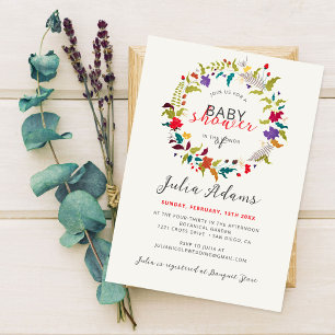 Exotisk skogs- vildblomsterkrans baby shower inbjudningar