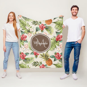 Exotisk tropisk ananas Blommigt Brown Monogram Fleecefilt