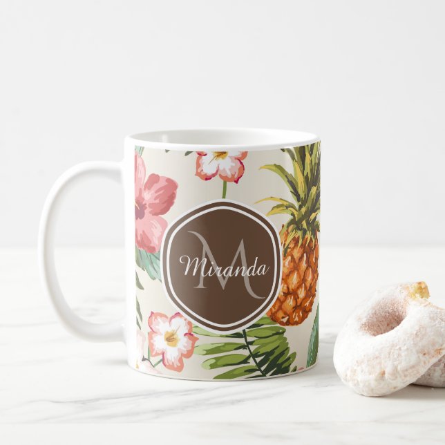Exotisk tropisk ananas Blommigt Brown Monogram Kaffemugg (Med munk)