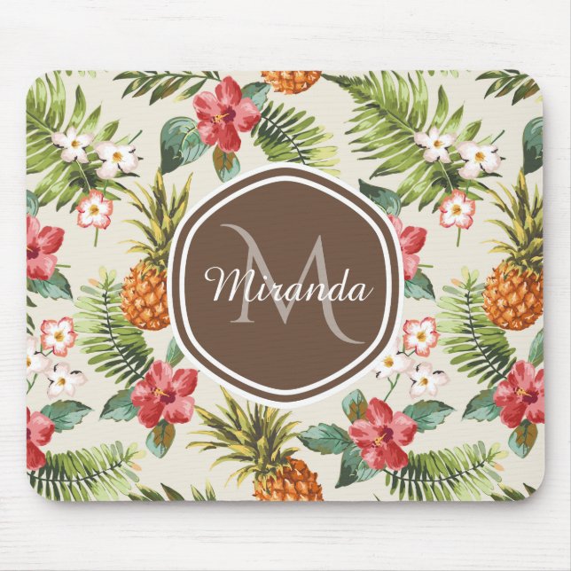 Exotisk tropisk ananas Blommigt Brown Monogram Musmatta (Framsidan)