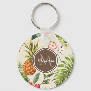 Exotisk tropisk ananas Blommigt Brown Monogram Nyckelring