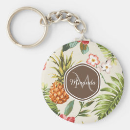 Exotisk tropisk ananas Blommigt Brown Monogram Nyckelring