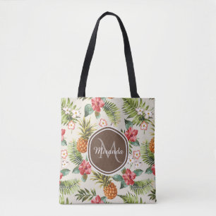 Exotisk tropisk ananas Blommigt Brown Monogram Tygkasse