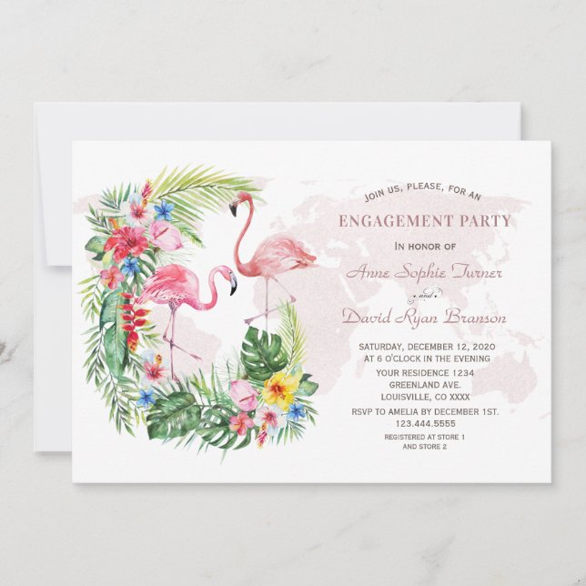 Exotisk tropisk Blommigt Guld World Map Förlovning Inbjudningar (Framsida)