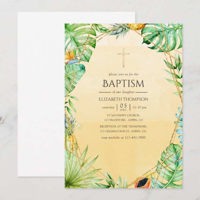 Exotisk tropisk geometrisk baptism inbjudningar (Fram/baksida)