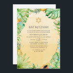 Exotisk tropisk geometrisk Bat mitzvah Inbjudningar<br><div class="desc">Bat mitzvah sommarinbjudan med rikligt med tropisk grek,  blommor från strelitzia,  en tukanfågel,  ananas,  glass och ett guld-geometriskt ram.</div>