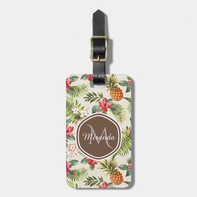 Exotisk tropisk Monogram för ananasblommigtbrunt Bagagebricka (Vertikal Framsida)