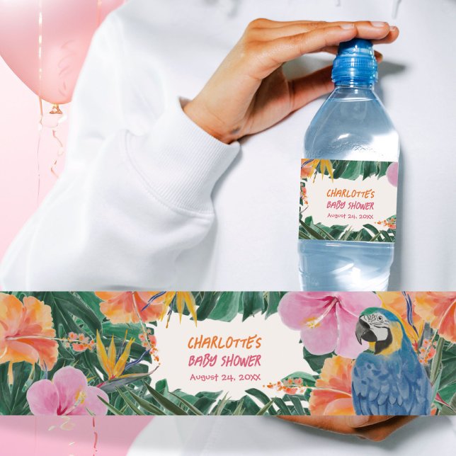 Exotisk Tropisk Papegoja Dschungel Baby Shower Vattenflaskor Etikett (Tropical Jungle Parrot Watercolor Baby Shower Water Bottle Label ©Susanne Sachers - Sunny Mind 🌞)