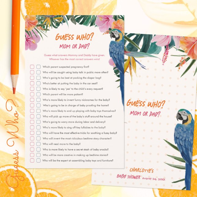 Exotisk Tropisk Papegoja Gissa Vem Baby Shower Lek (Exotic Tropical Parrot Guess Who Baby Shower Game ©Susanne Sachers - Sunny Mind 🌞)