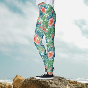 Exotisk tropisk röd hibiskus hawaiiansk akvarell leggings