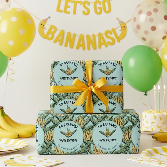 Exotisk turkos Go Bananas Grattis på födelsedagen  Presentpapper (Fun Go Bananas Birthday Party Wrapping Paper. Yellow Bananas, Banana Leaves Happy Birthday Gift Wrap)