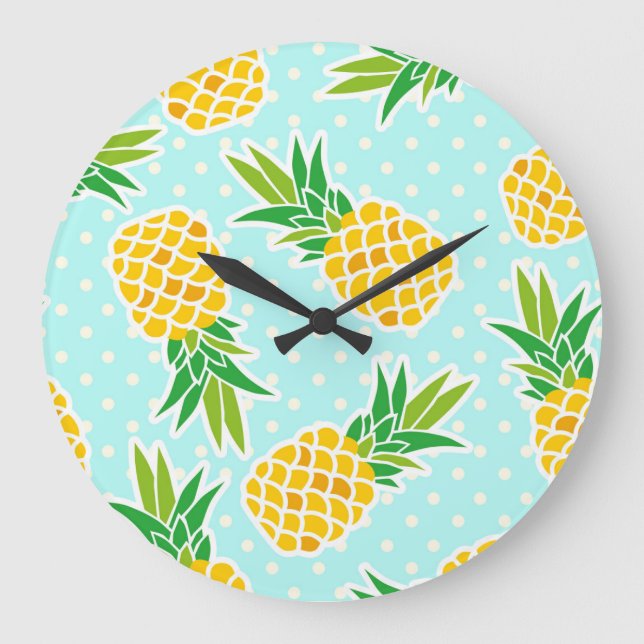 Exotiska ananas: Blå Roligten Polka-Dot. Stor Klocka (Framsida)