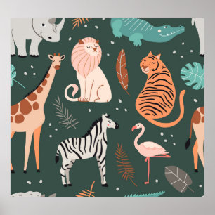 Exotiska djur: Mörk Tropical Kids' Mönster. Poster