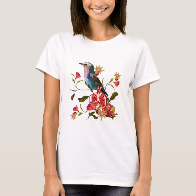 Exotiska fåglar, blommor, granat. t shirt (Framsida)