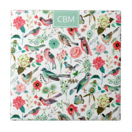 Exotiska fåglar Dschungelblommönster med monogram Kakelplatta