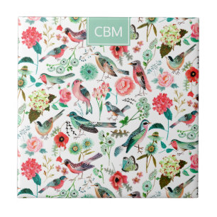 Exotiska fåglar Dschungelblommönster med monogram Kakelplatta