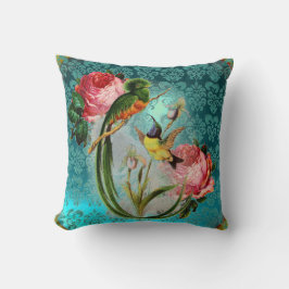 EXOTISKA FÅGLAR OCH ROSA ROS AQUA BLUE,TEAL DAMASK KUDDE
