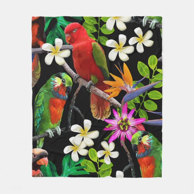 exotiska fåglar och vackra blommor fleecefilt (Framsidan)