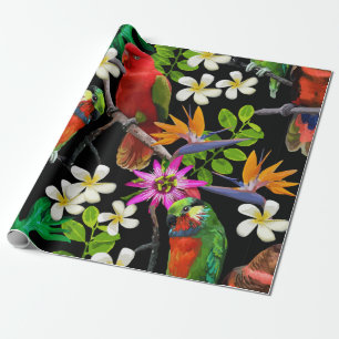 exotiska fåglar och vackra blommor presentpapper