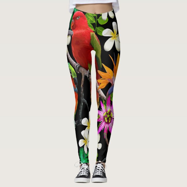 Exotiska fåglar vackra blommor Mönster Leggings (Framsida)