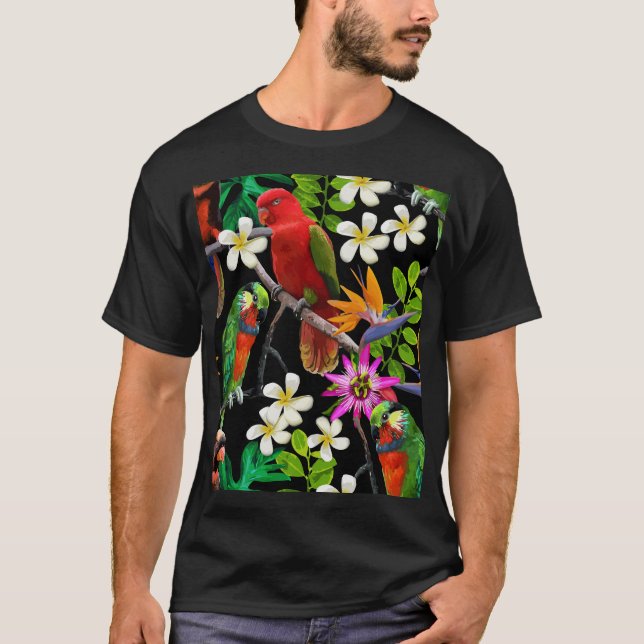 Exotiska fåglar vackra blommor Mönster T Shirt (Framsida)