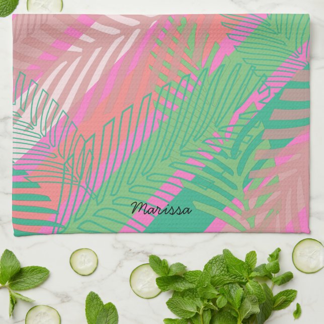 Exotiska Färgrika Palmblad med Monogram Kökshandduk (Vikta)