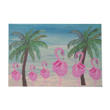 Exotiska flamingos och palmer tropiska