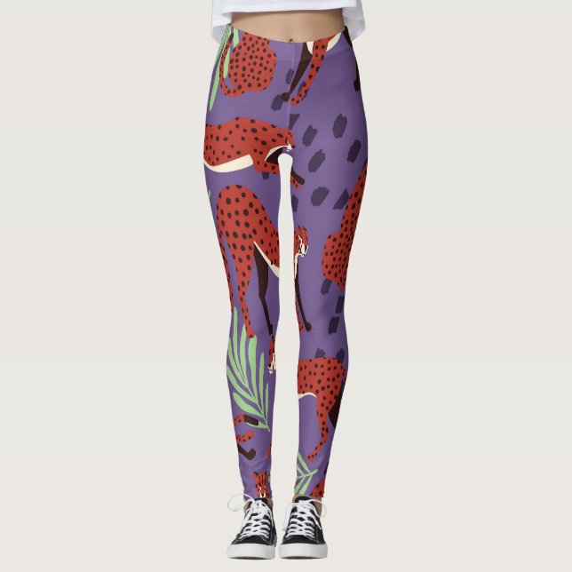 Exotiska stora katter, tropiska växter mönster. leggings (Framsida)