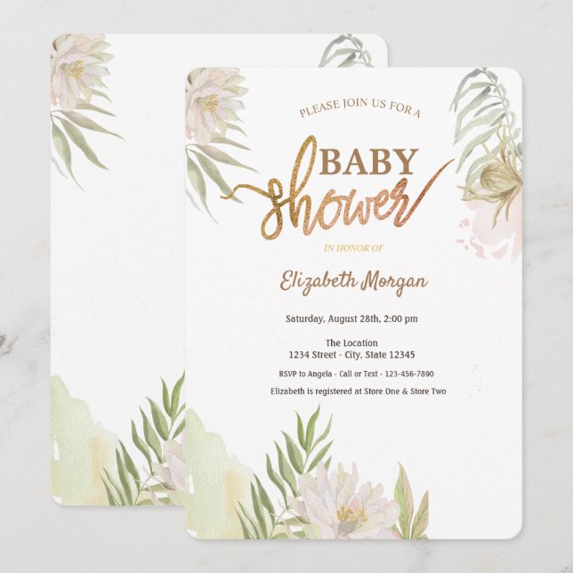 Exotiska Tropiska Blommor Blad Bebis Shower Inbjudningar (Fram/baksida)