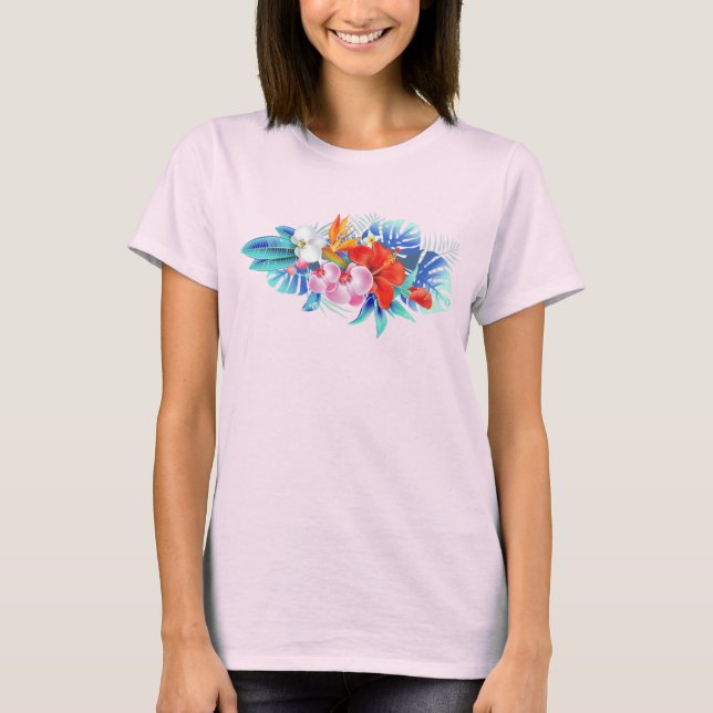 Exotiska tropiska blommor i Rosa och turkos T Shirt (Framsida)