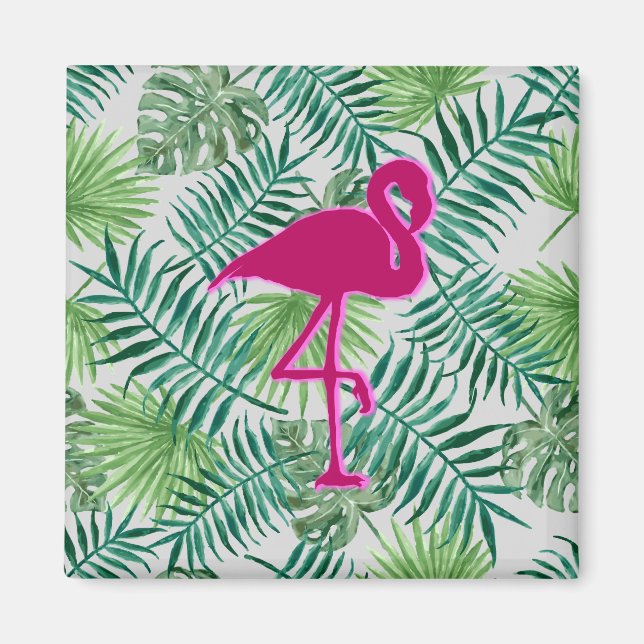 Exotiska tropiska Löven Mönster och Rosa Flamingo Magnet (Framsidan)