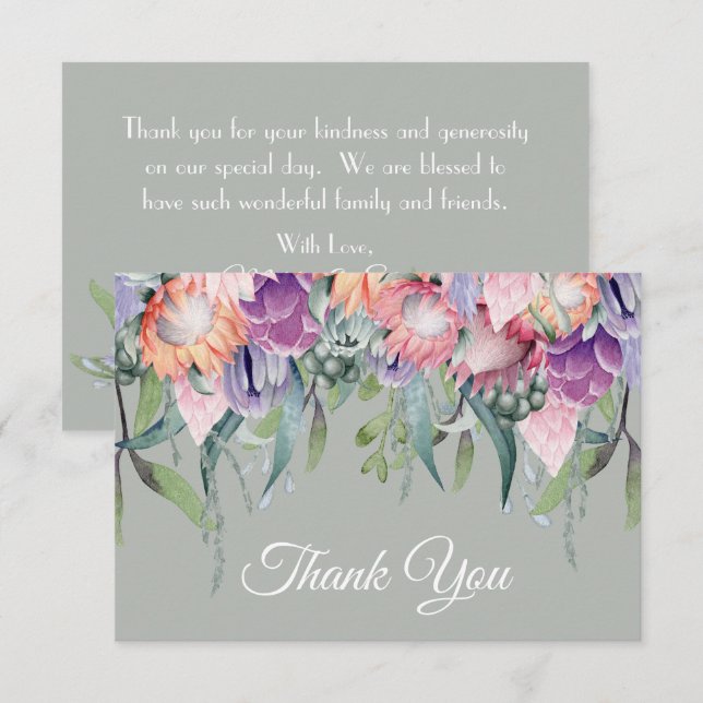Exotiska tropiska vattenfärgsproteblommor Bröllop Tack Kort (Fram/baksida)