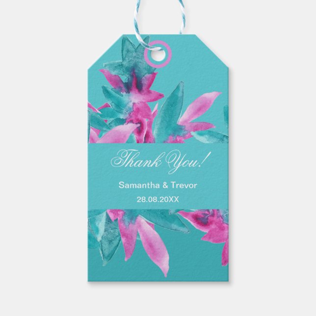 Exotiska Turkos Rosa Abstrakt Hawaiianska Blommor Presentetikett (Framsidan)