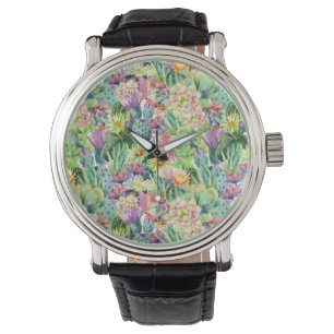 Exotiskt blomma vattenfärgkaktusmönster armbandsur