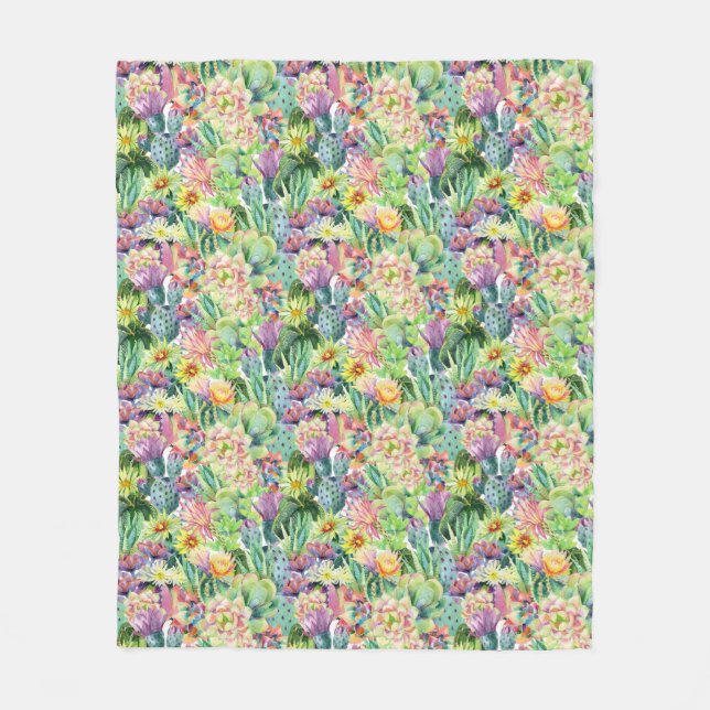 Exotiskt blomma vattenfärgkaktusmönster fleecefilt (Framsidan)