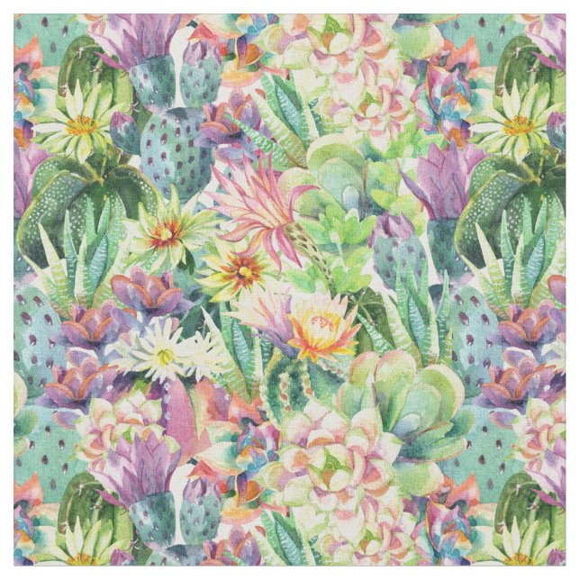 Exotiskt blomma vattenfärgkaktusmönster tyg (Närbild)