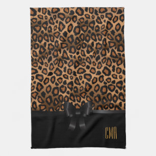 Exotiskt brunt leopardjur Monogram Kökshandduk