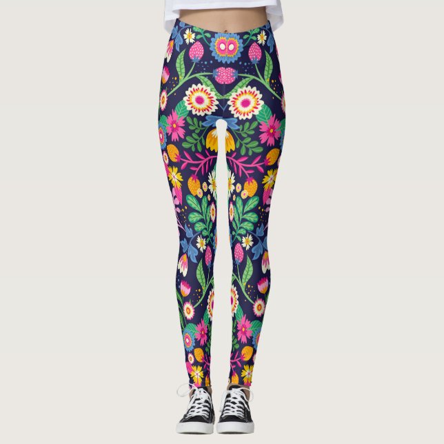 Exotiskt Handmålat Blommönster Leggings (Framsida)